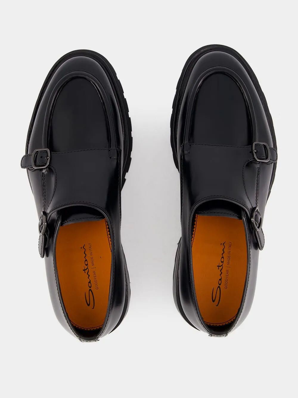 Black Polished Leather Double Buckle Shoes