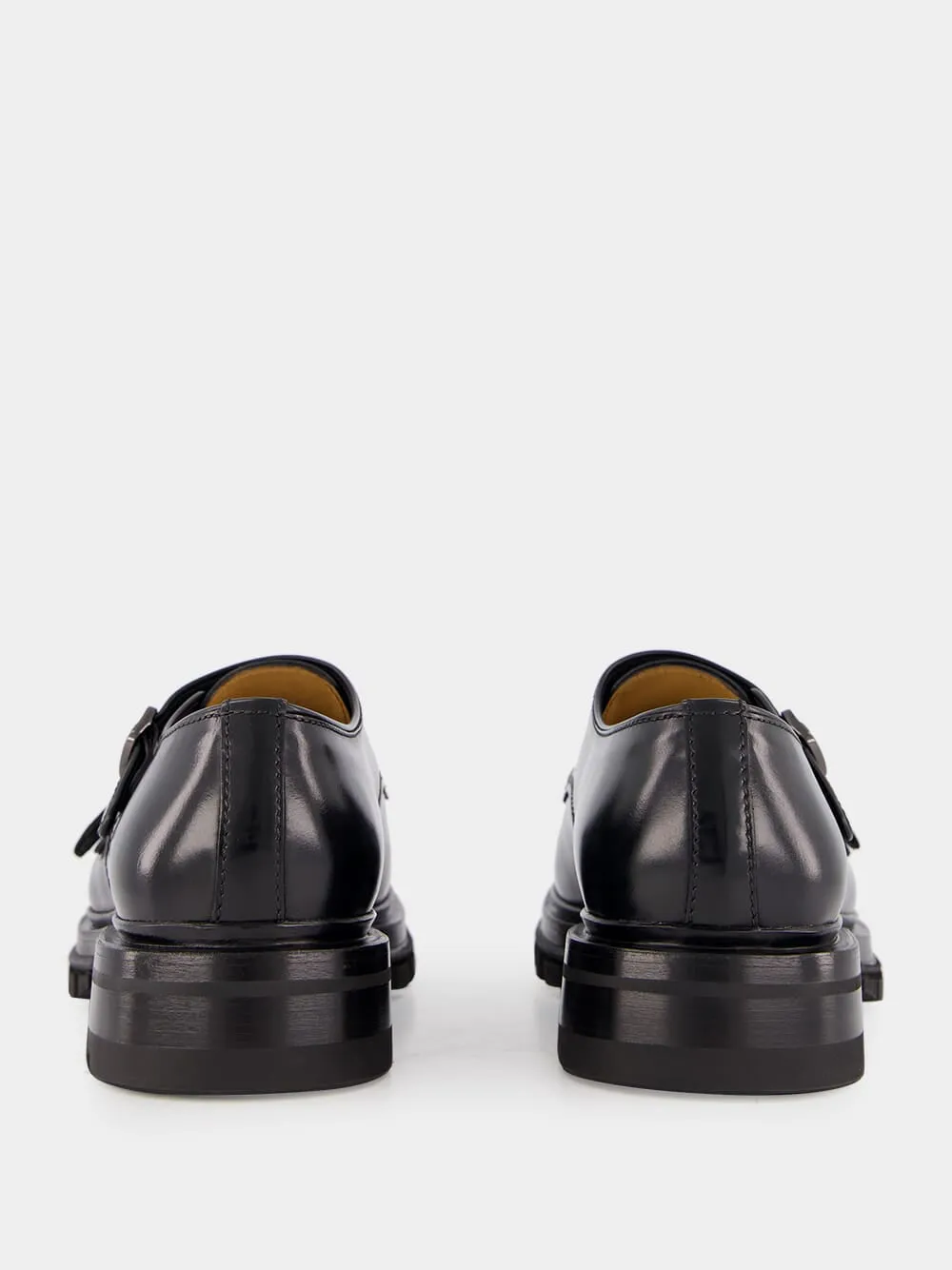 Black Polished Leather Double Buckle Shoes