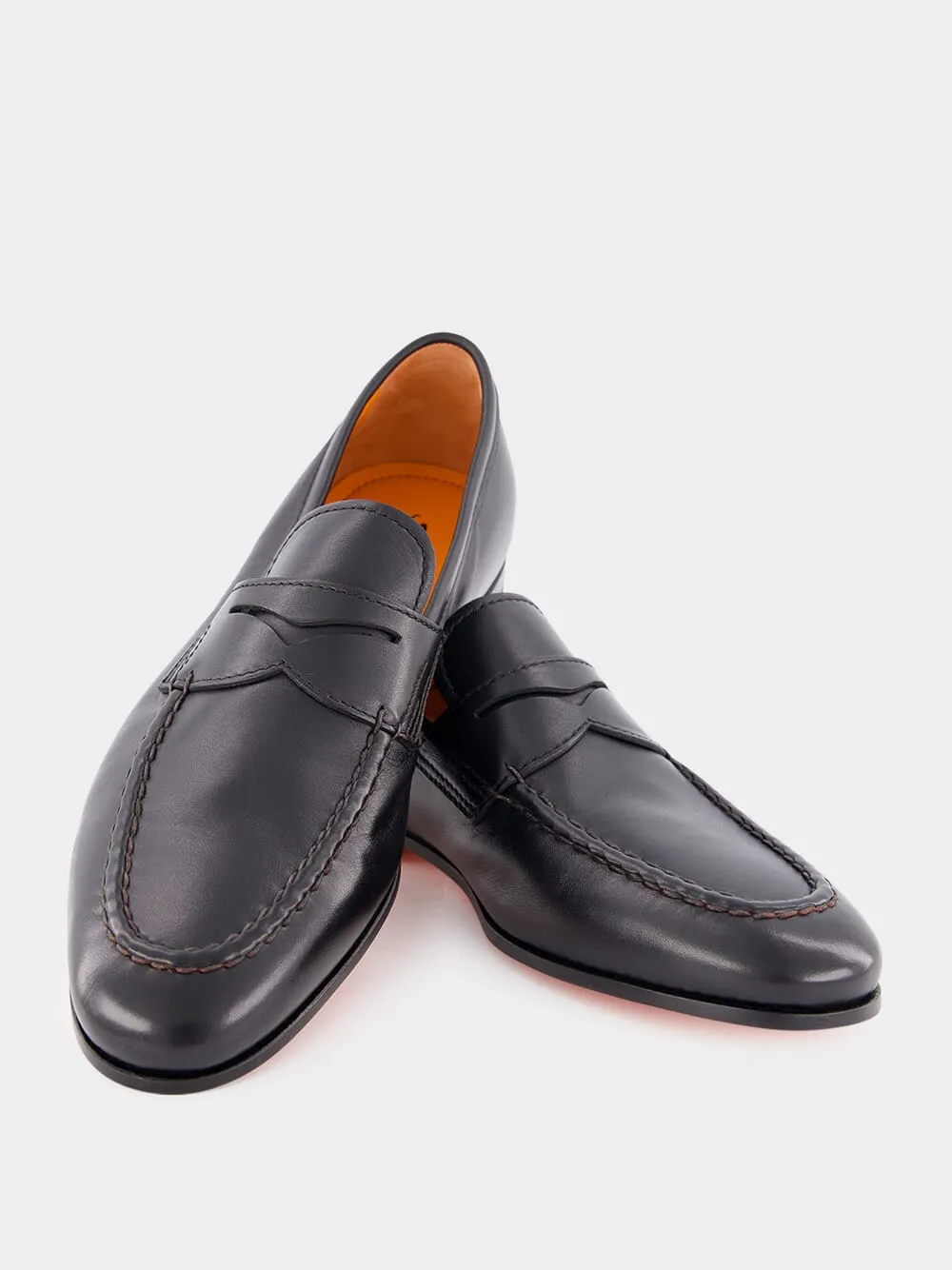 Black Polished Penny Leather Loafers