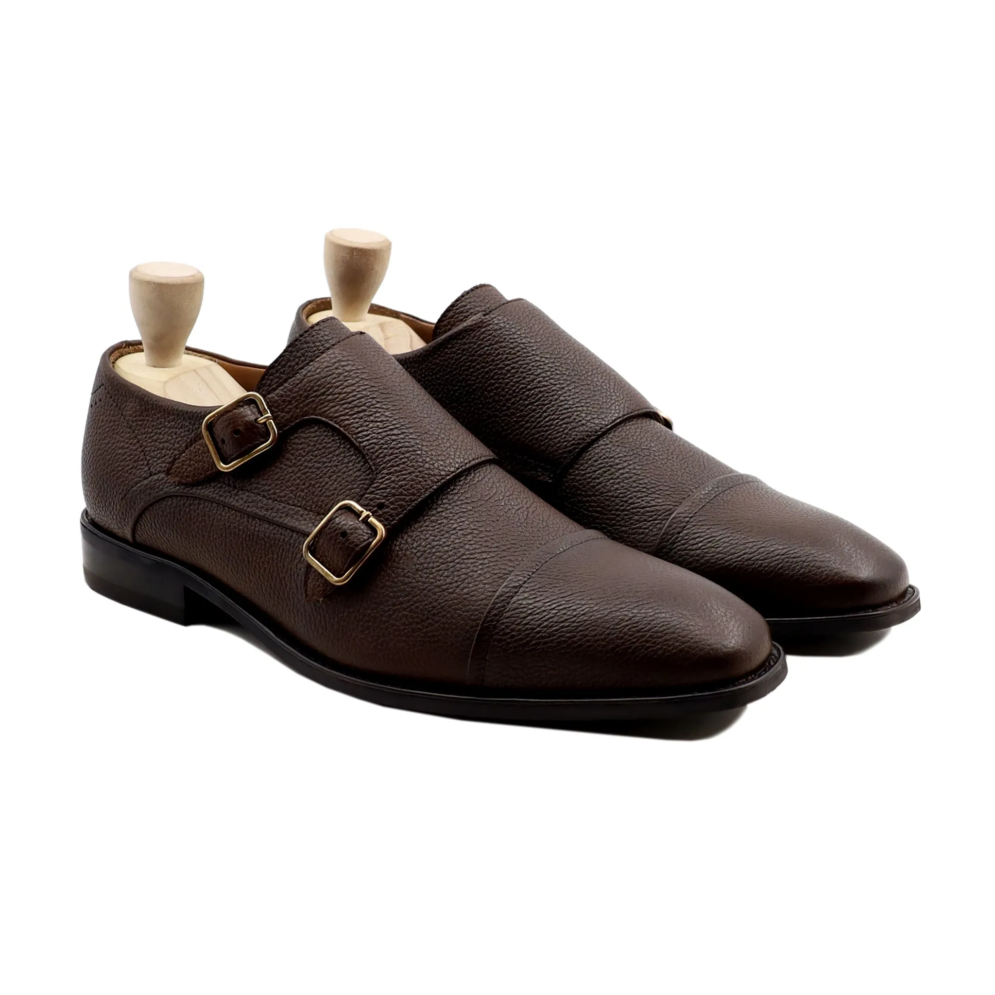 Leo - Men's Dark Brown Pebble Grain Leather Double Monkstrap