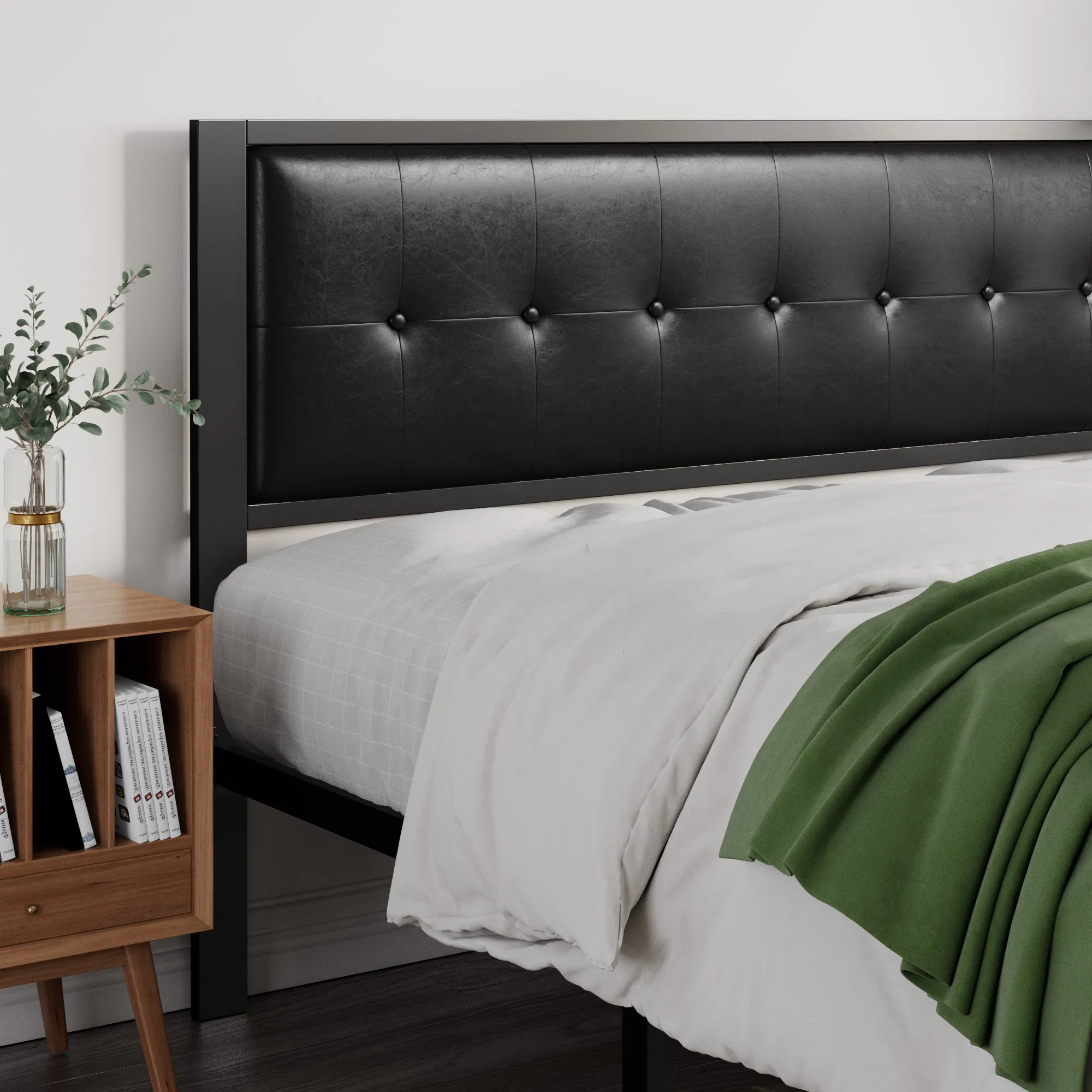 Metal Platform Bed Frame with Headboard, Faux Leather Button Tufted Square Stitched Design