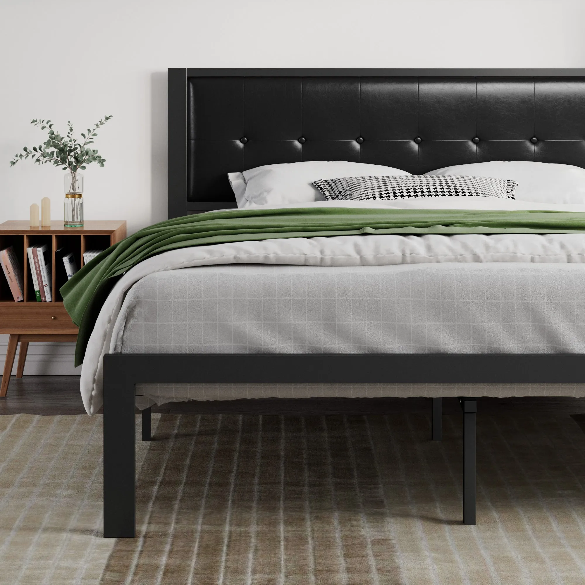 Metal Platform Bed Frame with Headboard, Faux Leather Button Tufted Square Stitched Design