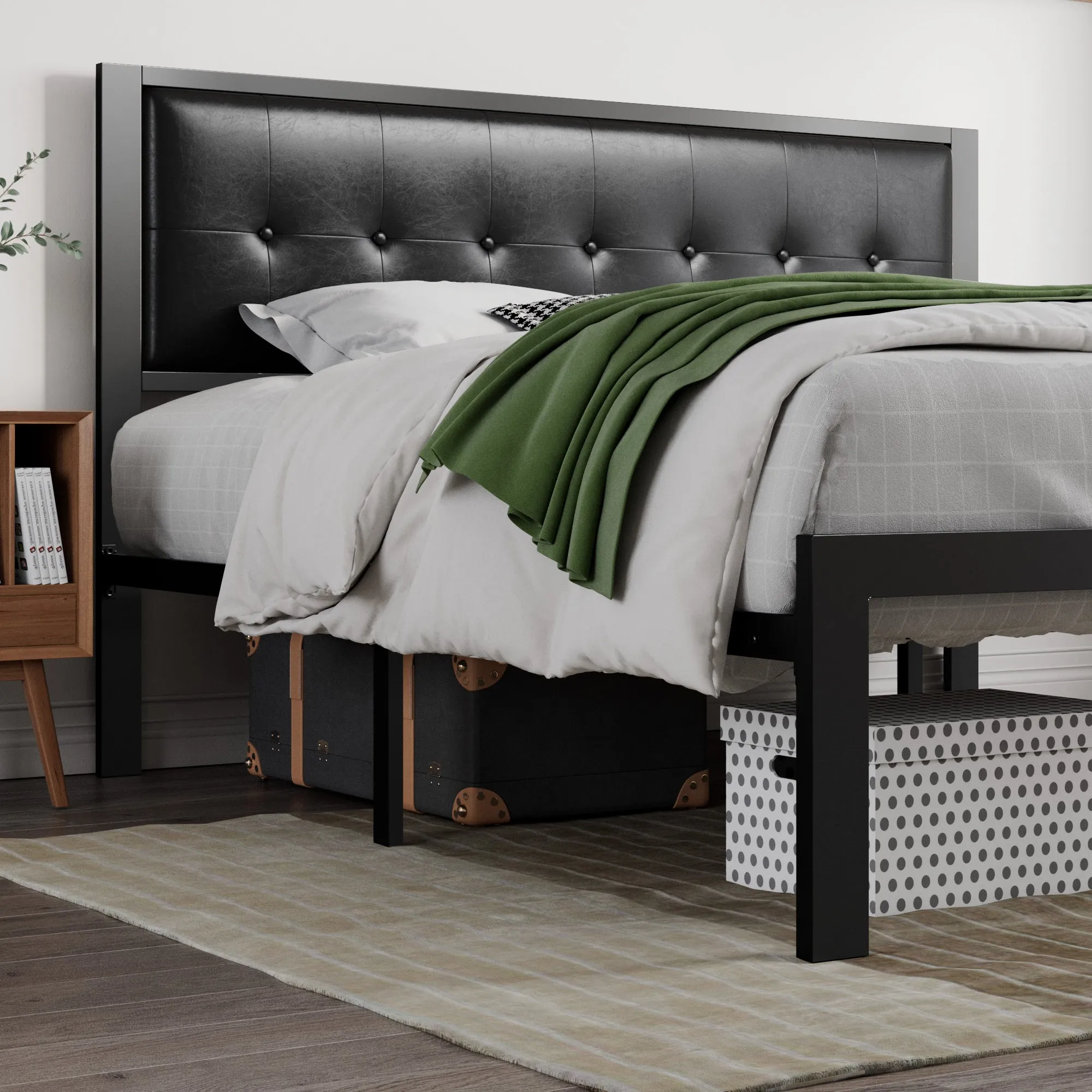 Metal Platform Bed Frame with Headboard, Faux Leather Button Tufted Square Stitched Design