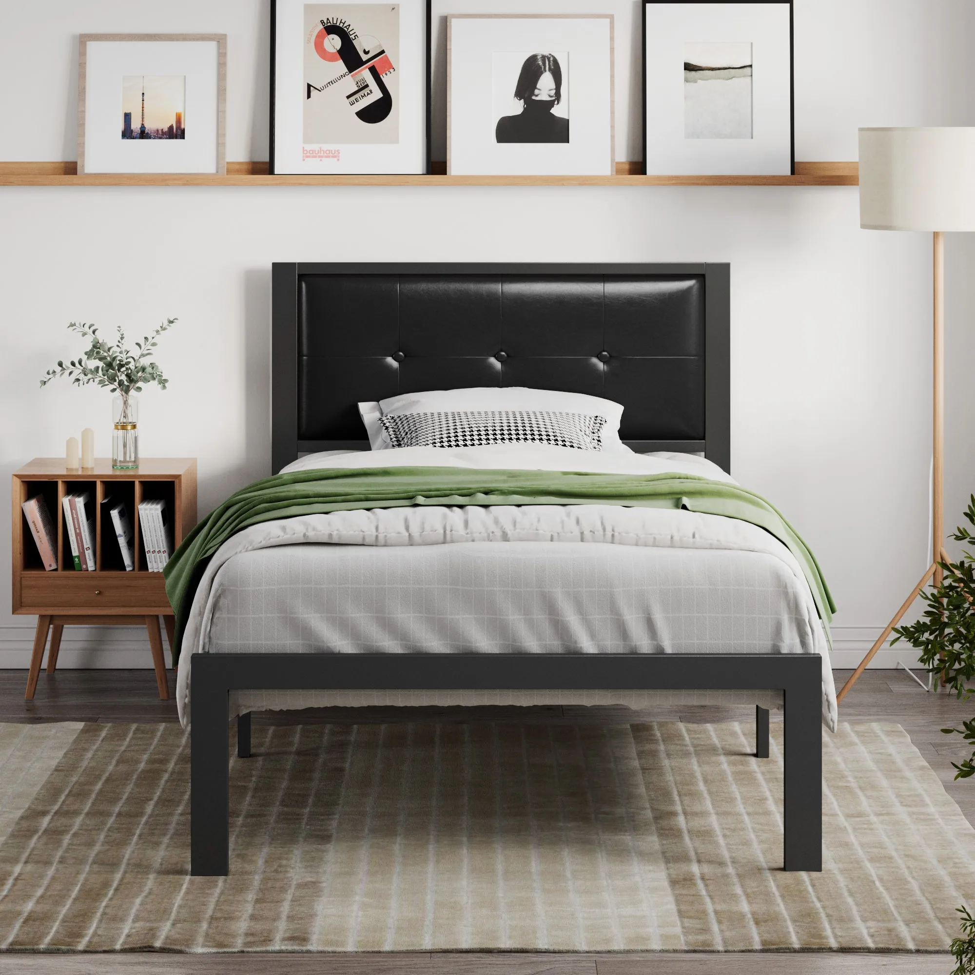 Metal Platform Bed Frame with Headboard, Faux Leather Button Tufted Square Stitched Design