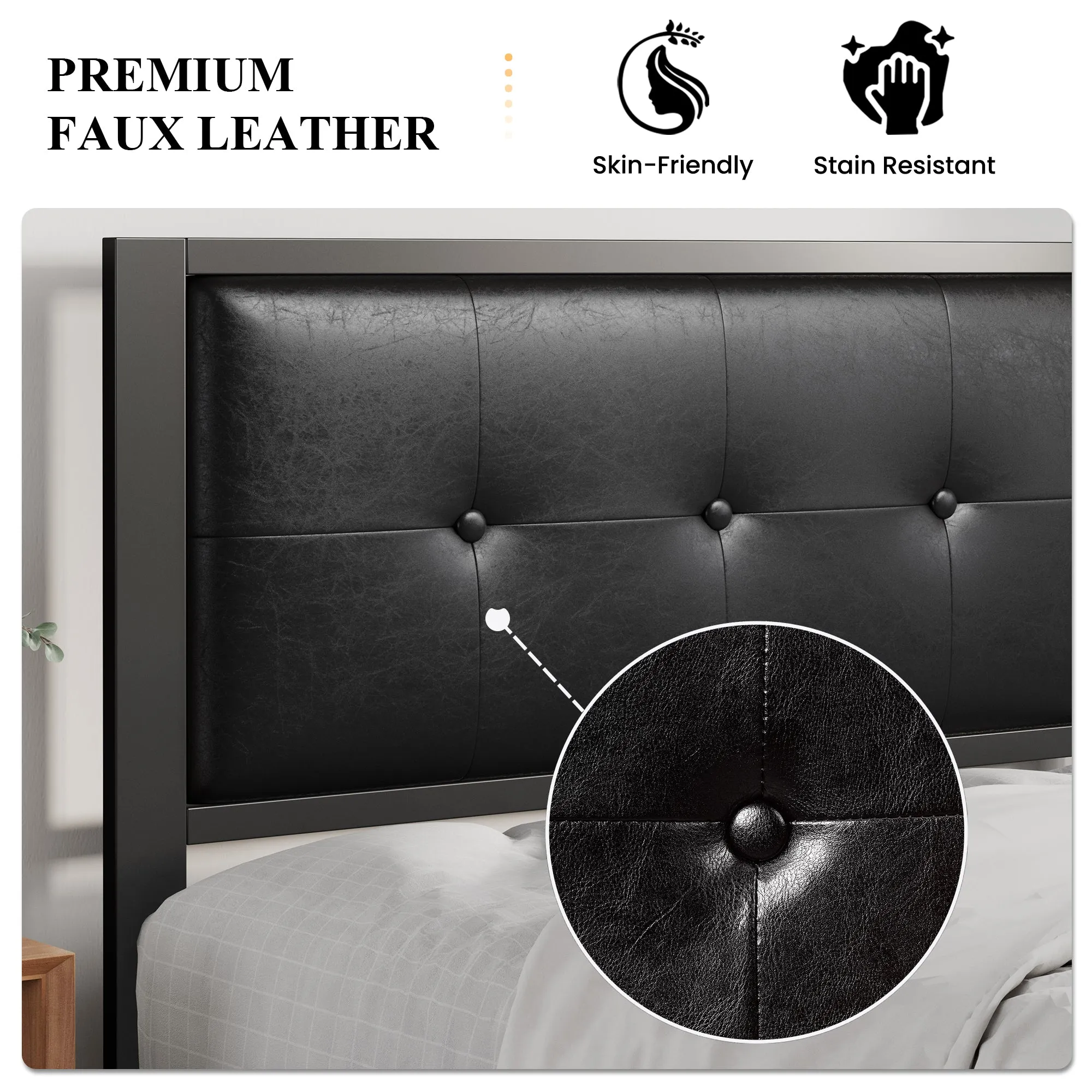 Metal Platform Bed Frame with Headboard, Faux Leather Button Tufted Square Stitched Design