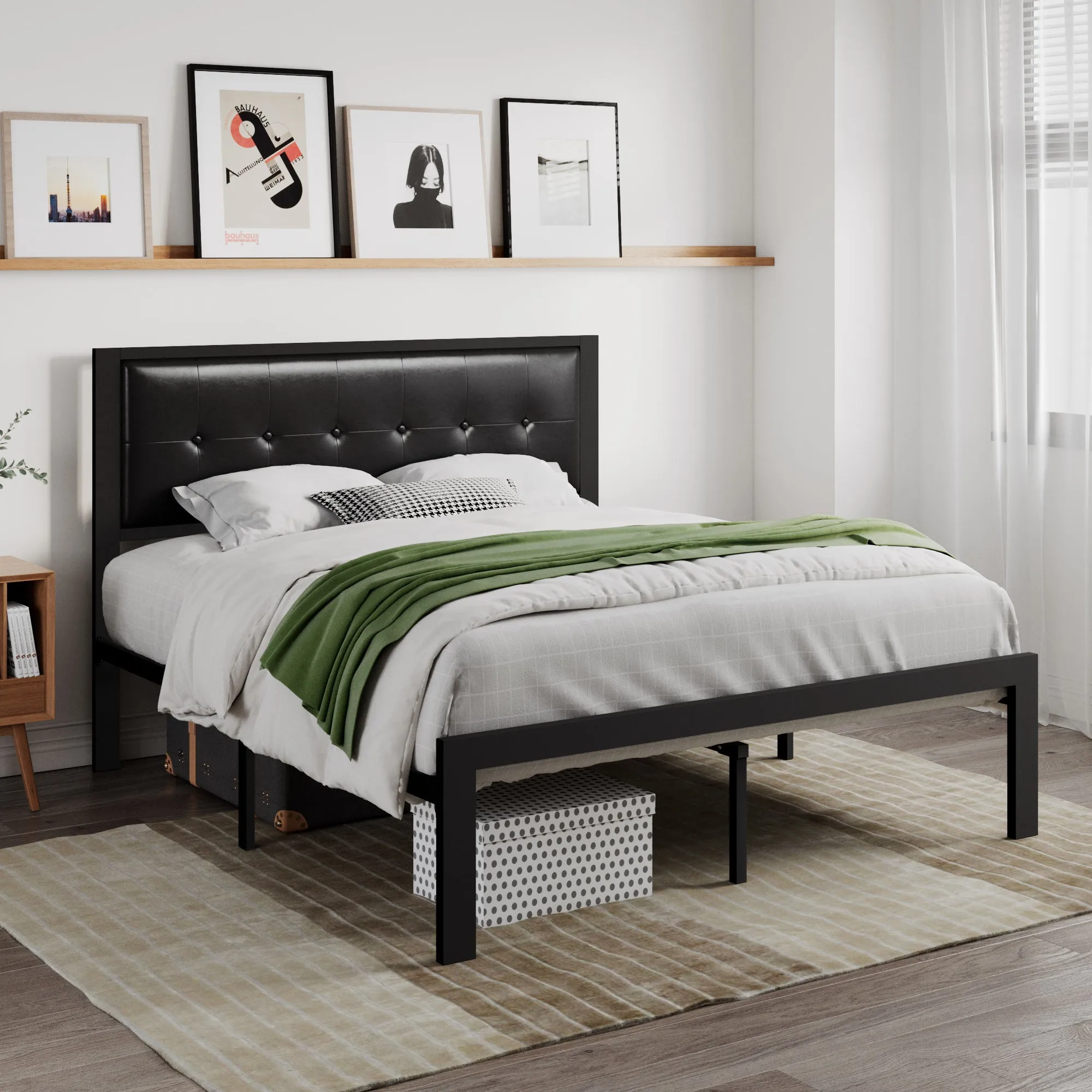 Metal Platform Bed Frame with Headboard, Faux Leather Button Tufted Square Stitched Design