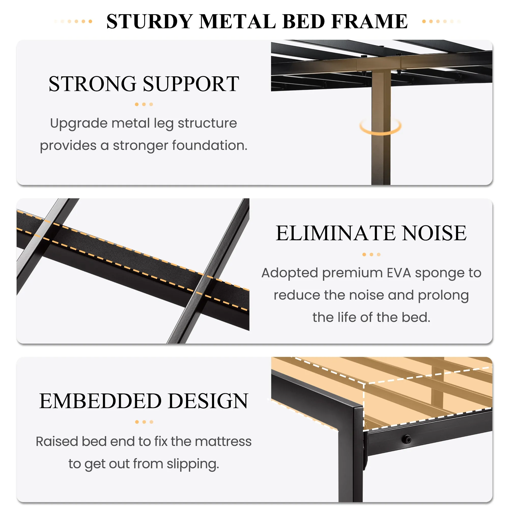 Metal Platform Bed Frame with Headboard, Faux Leather Button Tufted Square Stitched Design