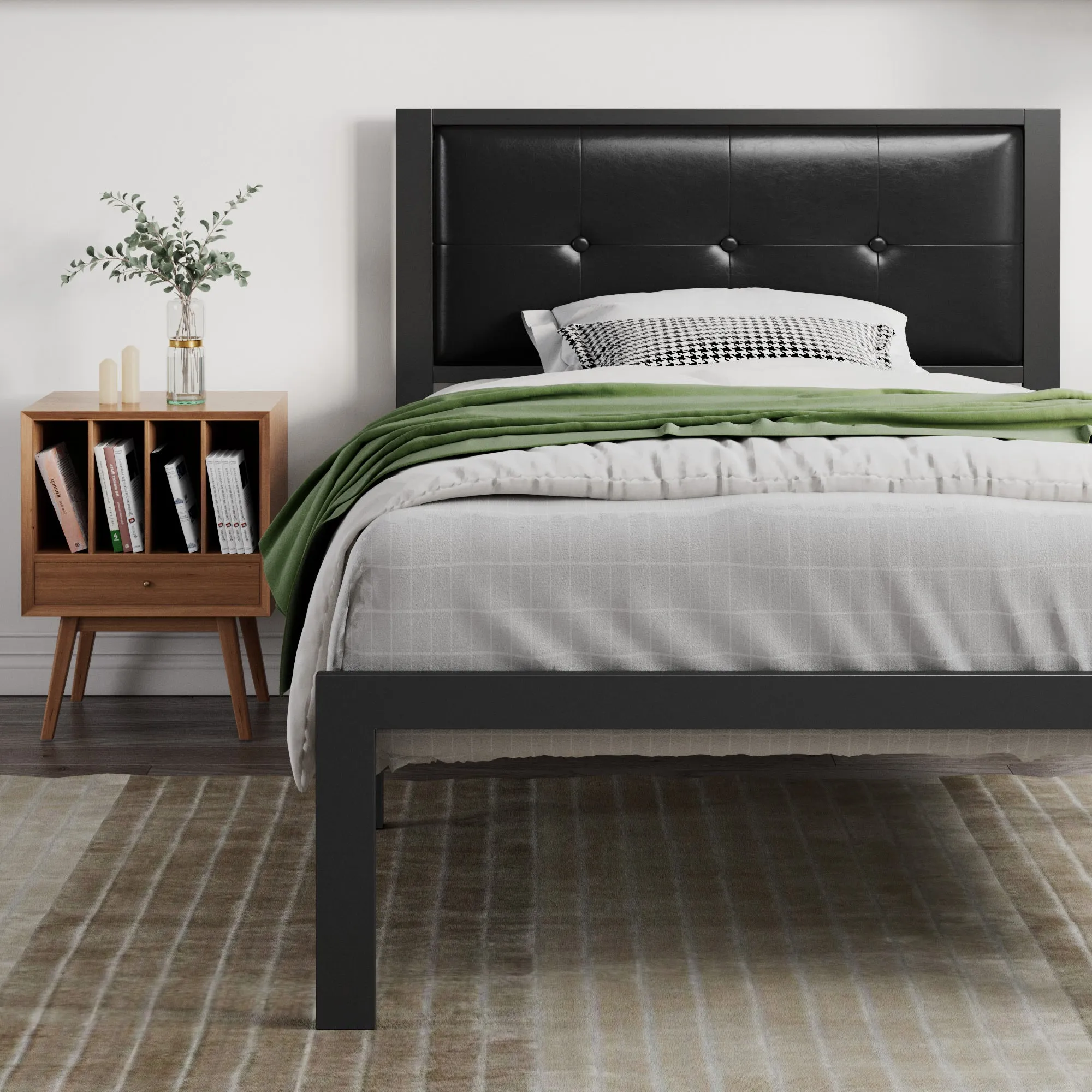 Metal Platform Bed Frame with Headboard, Faux Leather Button Tufted Square Stitched Design