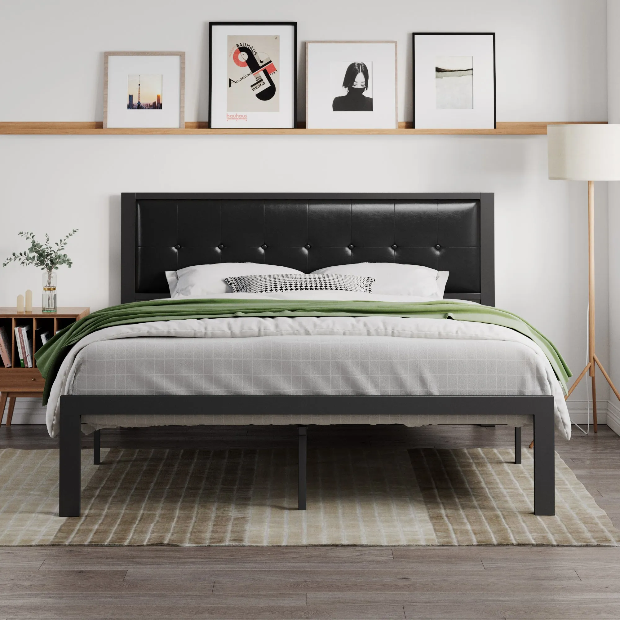 Metal Platform Bed Frame with Headboard, Faux Leather Button Tufted Square Stitched Design