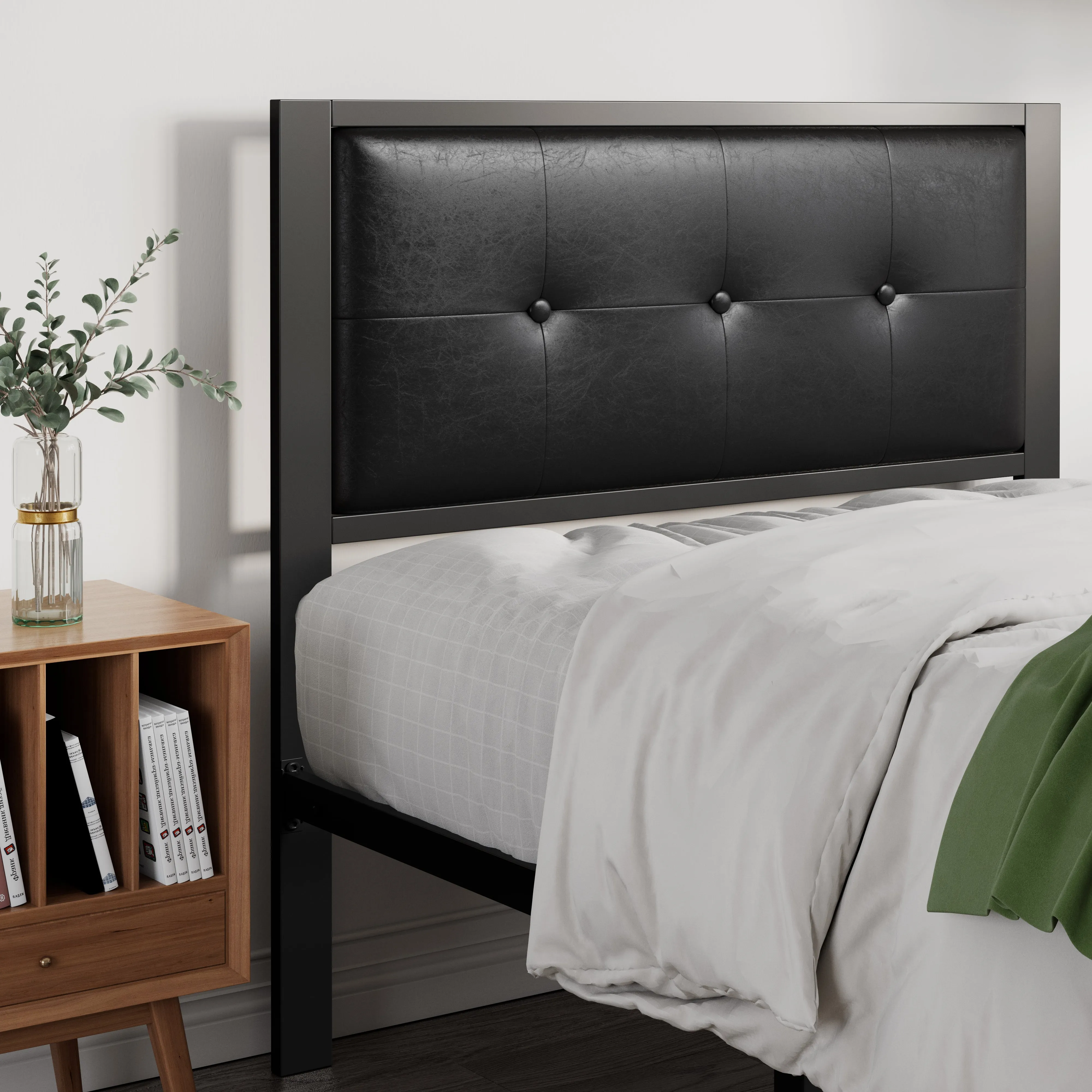 Metal Platform Bed Frame with Headboard, Faux Leather Button Tufted Square Stitched Design