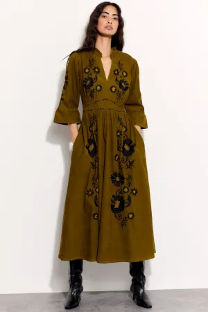 Odelia Embroidered Corduroy Midi Dress