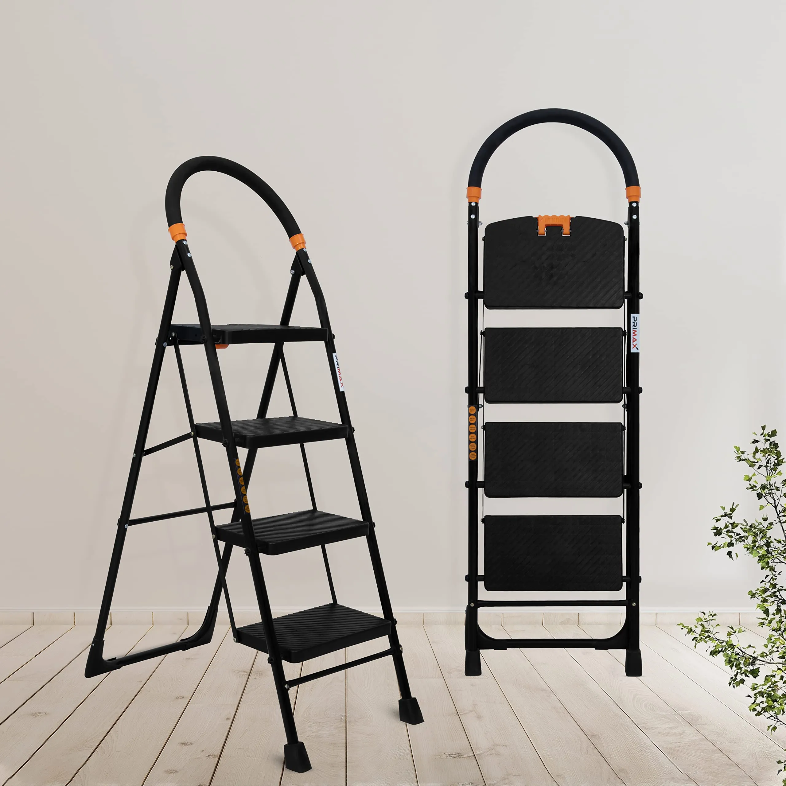 Primax 4-Step Foldable Ladder with Safety-Clutch Lock and Ribbed Steps/Step Ladder/GI Steel Ladder for Home(Primo-Black&Orange)