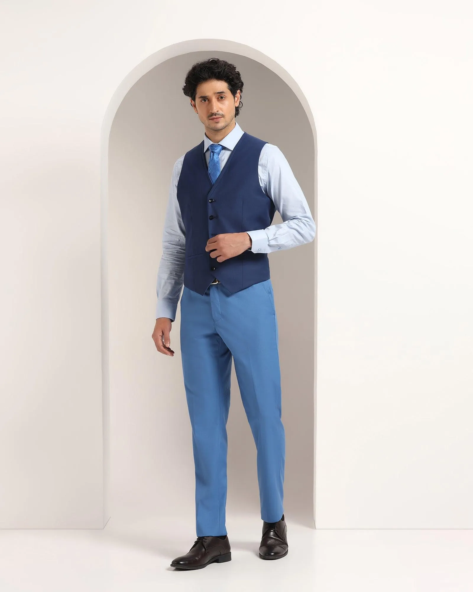 Three Piece Navy Textured Formal Suit - Amtopm