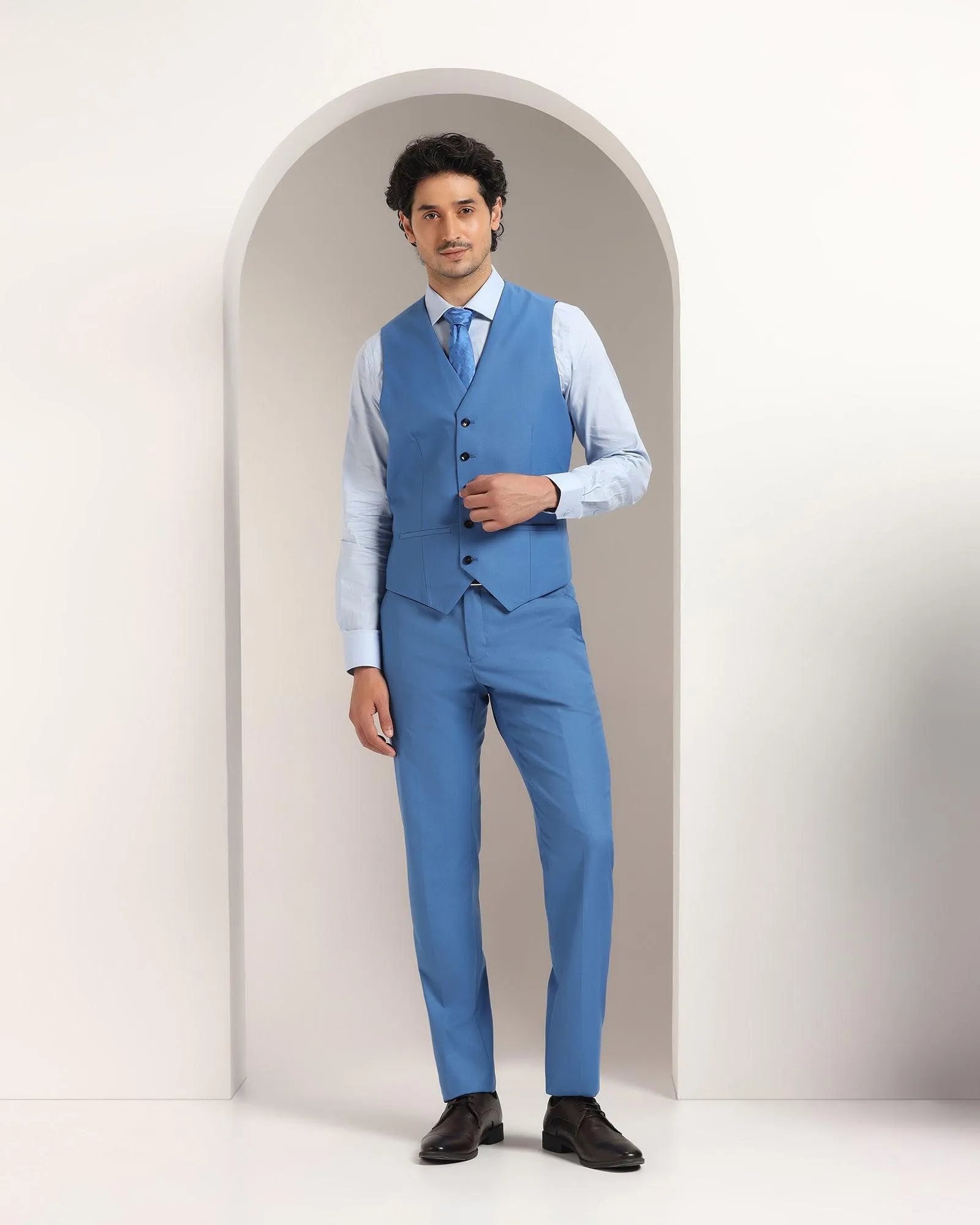 Three Piece Navy Textured Formal Suit - Amtopm