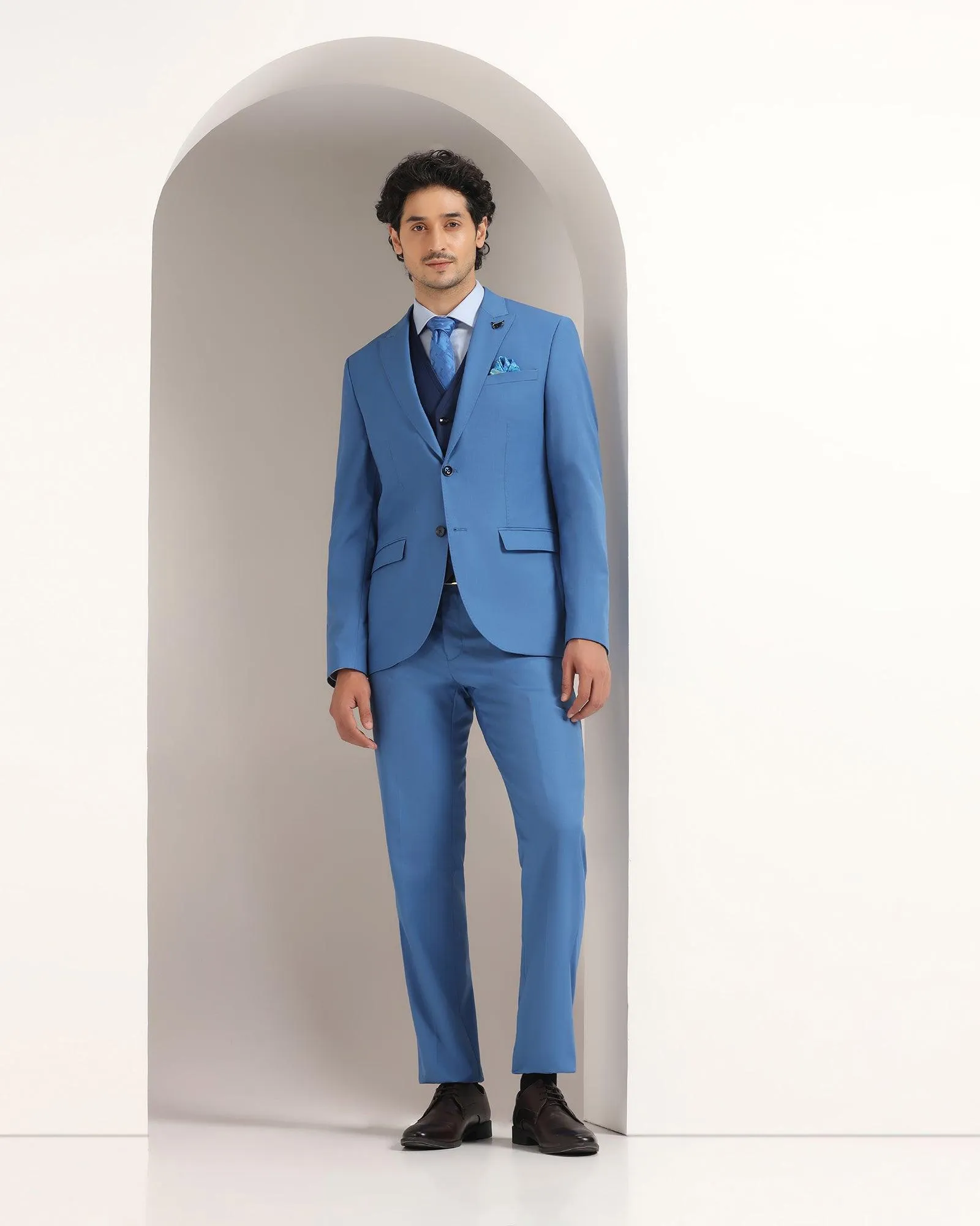 Three Piece Navy Textured Formal Suit - Amtopm