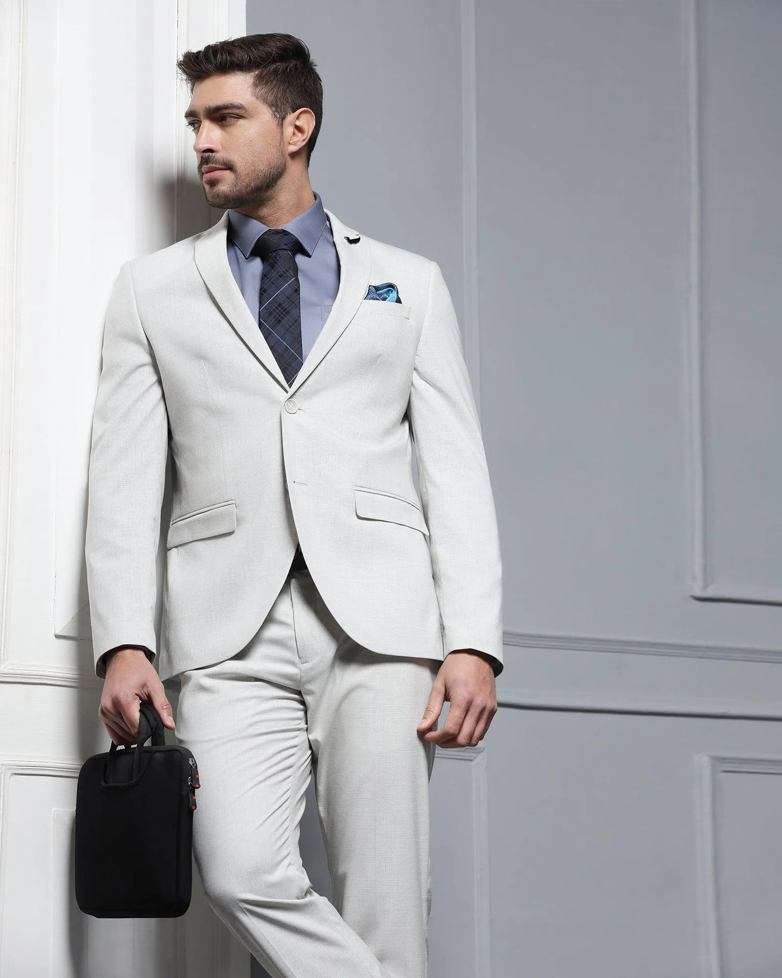 Two Piece Grey Textured Formal Suit - Waves