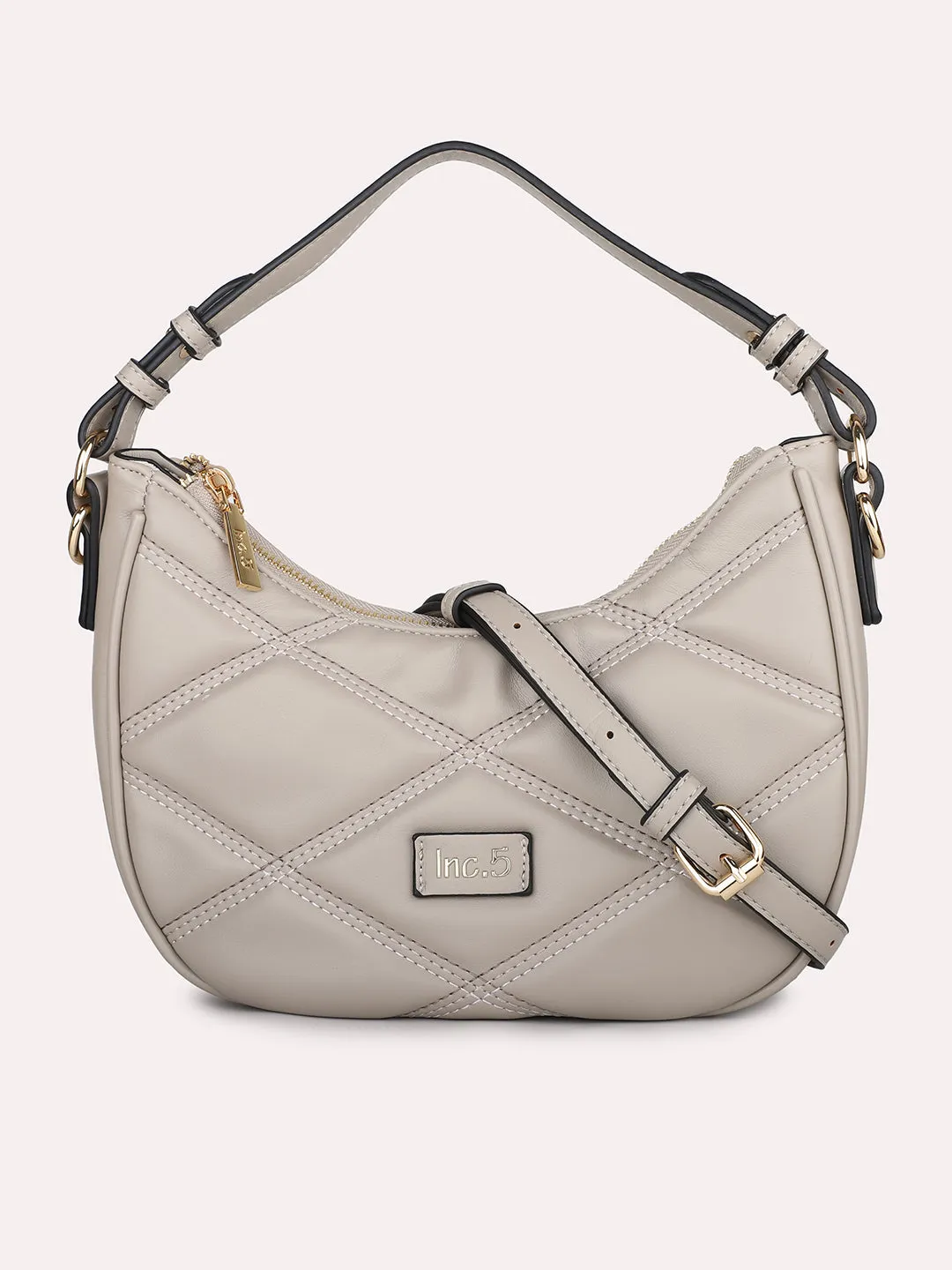 Women Grey Qulited Half-Moon Shoulder Bag