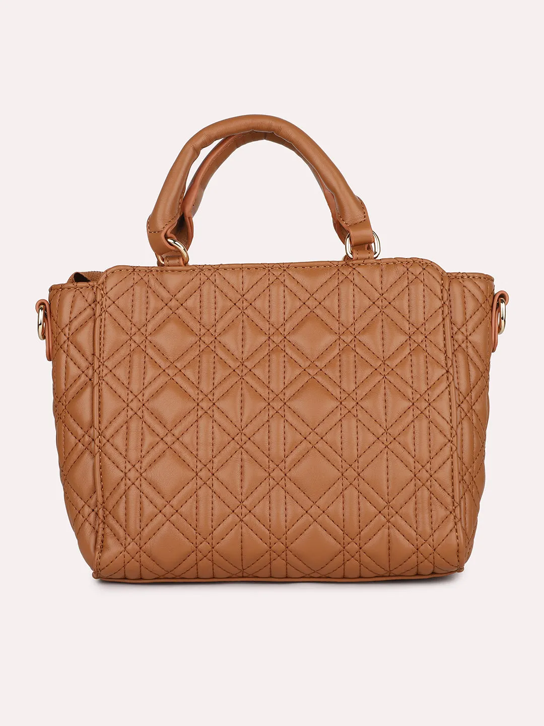 Women Tan Textured Shoulder Bag With Quilted Detailing